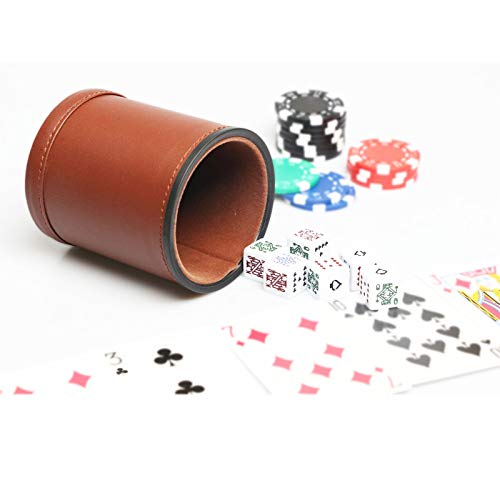 Leatherette Dice Cup with Poker Dice, Felt Lining Quiet Shaker for Playing Yahtzee/Farkle/Liars Dice, - color: Brown With Poker Dice