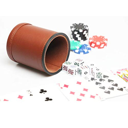 Leatherette Dice Cup with Poker Dice, Felt Lining Quiet Shaker for Playing Yahtzee/Farkle/Liars Dice, - color: Brown With Poker Dice