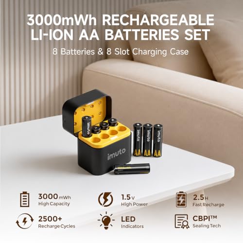 imuto Rechargeable aa Batteries with Charger, 3000mWh 8 Pack 1.5V 2A Output | Lithium Batteries aa, 8 Slot Storage Case Lithium aa Battery Charger, 1.5V 2A Output, 2500+ Cycle Life, 2.5H Fast Charging