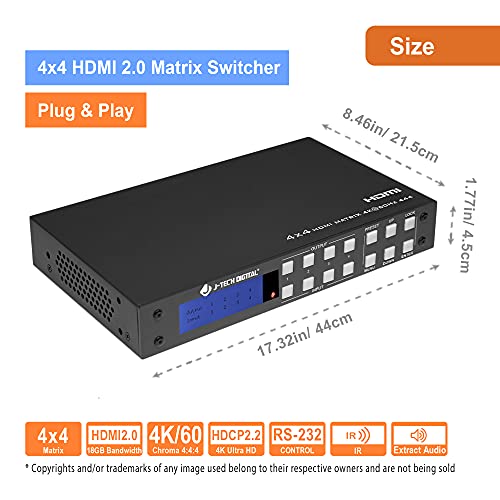 J-Tech Digital 4x4 HDMI Matrix Switch 4K 60Hz HDMI 2.0, Compatible with HDR Dolby Vision Audio Extraction Web GUI APP Control [JTECH-4KM44A] - size: 4K60 4x4 HDMI Matrix