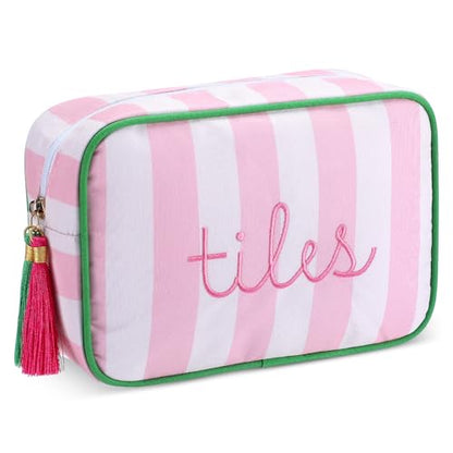 Sanwuta 1 Pcs Mahjong Tile Bag with Zipper,Pink,Striped | Embroidered Mahjong Case for 166 American Mahjong Tiles (1.2") Portable Bags for Board Game Party Gathering Travel - color: Pink, style: Classic