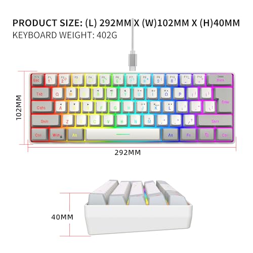 Snpurdiri 60% Wired Gaming Keyboard, 61 Keys RGB Backlit Small Gaming Keyboard for PC/Mac Gamer, Typist, Travel, Easy to Carry on Business Trip(Grey-White) - color: Grey and White