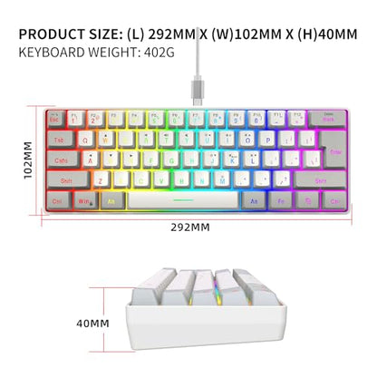 Snpurdiri 60% Wired Gaming Keyboard, 61 Keys RGB Backlit Small Gaming Keyboard for PC/Mac Gamer, Typist, Travel, Easy to Carry on Business Trip(Grey-White) - color: Grey and White