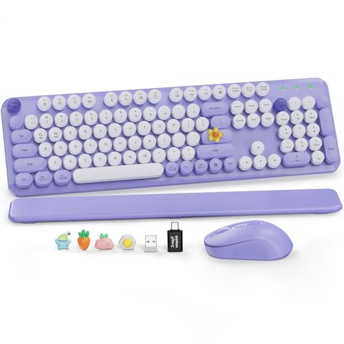 Wireless Keyboard and Mouse, Round Keycaps, Magnetic Wrist Rest, Purple | Full-Size Retro Typewriter-Style Keyboard, Tilt Legs, Auto Sleep, 2.4GHz Cordless for MacOS, Windows PC, Laptop, SABLUTE CK23 - color: Forgotten Purple