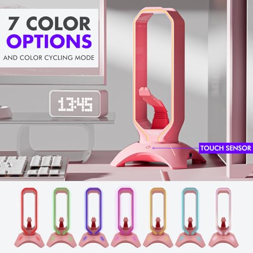 Cute Headphone Stand Pink | Headset Stand with RGB, Mouse Bungee Holder, and 2 Port USB Hub Charger - Desk Gaming Accessories - color: Pink