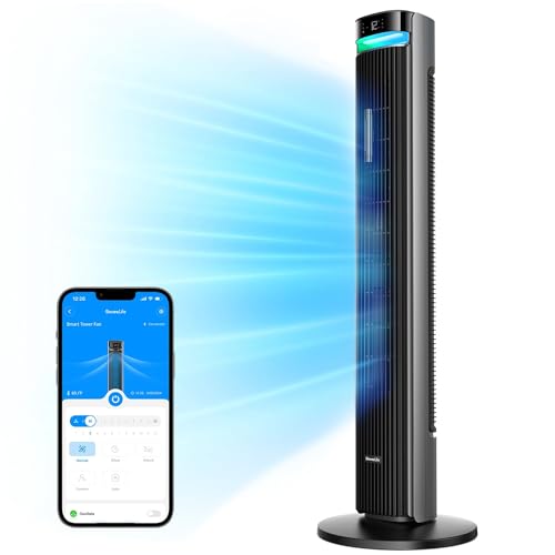 GoveeLife 42'' Tower Fan for Bedroom, Smart Floor Fans with 150° Adjustable Oscillating, APP & Voice Control, 5 Modes 12 Speeds up to 26ft/s, 24H Timer, 27dB Quiet Fan for Cooling Home Office Silver | Smart Floor Fans for Bedroom, up to 26ft/s, APP & Voic