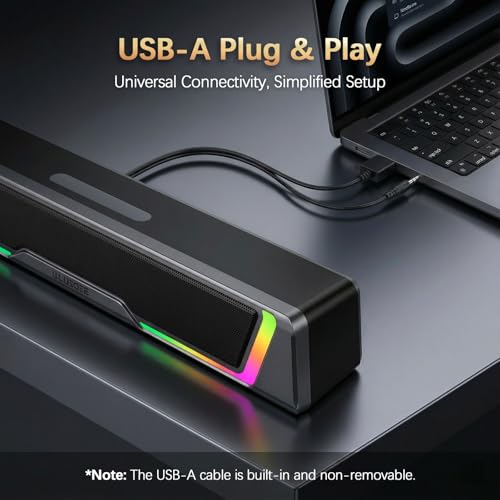 Bluedee Computer Speakers for Desktop PC, AUX Wired Computer Sound Bar | USB Powered, Plug & Play, PC Speakers for Desktop & Laptop, RGB lights, Inline-Controlled, Compact Design, Gaming Speakers