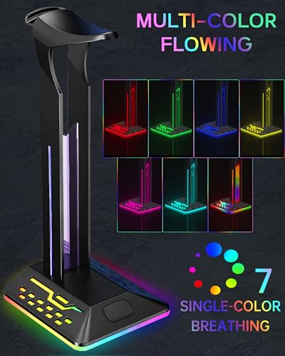 RGB Headphone Stand with 2 USB 2.0 Extension Charging Port Extender Cord,Desk Gaming Headset Holder,Cool LED Headphone Holder PC Gaming Accessories,Gamer Gifts