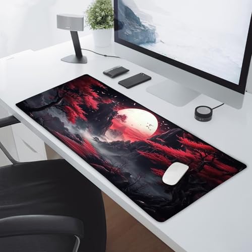 Black Red Japanese Mouse Pad XXL Moon Sakura Cherry BLoosm Tree Extended Table Mat 90X40 cm Non-Slip Rubber Base Stitched Edge Large Mousepad for Gaming Laptop Computer Desk Top 35.4×15.7 Inch - color: Black Red Japanese-a, size: 35.4 x 15.7 inches