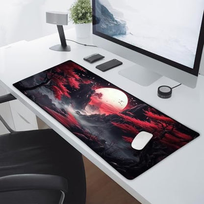 Black Red Japanese Mouse Pad XXL Moon Sakura Cherry BLoosm Tree Extended Table Mat 90X40 cm Non-Slip Rubber Base Stitched Edge Large Mousepad for Gaming Laptop Computer Desk Top 35.4×15.7 Inch - color: Black Red Japanese-a, size: 35.4 x 15.7 inches