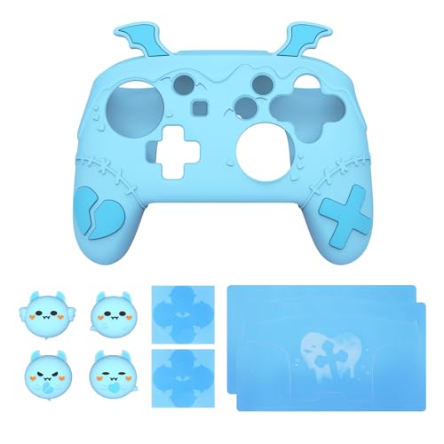 PlayVital Gothic Imp Series Cute Silicone Case for Nintendo Switch Pro Controller with 4 Thumb Grip & 2 Sticker, Non-Slip Anti-Scratch Protective Silicone Skin Cover - Aqua Blue - color: Aqua Blue