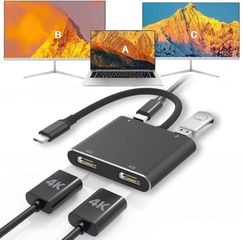 USB C to Dual HDTV Adapter, Fophmo 4K@60Hz HDTV Splitter Extend Display for Dual Monitors, macOS Only Allows Mirror Mode, Windows Allows Multi-Monitor Display 3 Separate Screens for 100W PD,USB-A Port - color: Black