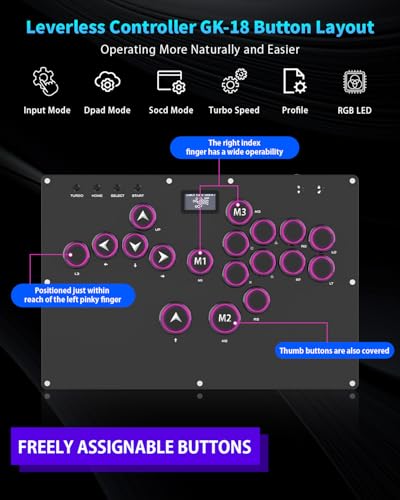 GuileKeys GK-18 Leverless Arcade Stick, All-Button Fight Controller with 18 Keys, RGB Lights, Hot-Swappable for PS5/PS4/PS3/PC/Switch, Arcade Fight Stick Black - color: GK-18 Black