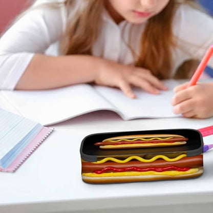 Burger Pencil Case Organizer Sausage Food Delicious Black Stationery Box Makeup Colleague Office Supply for Adults Men Women School Students Boy Girl - color: Burger