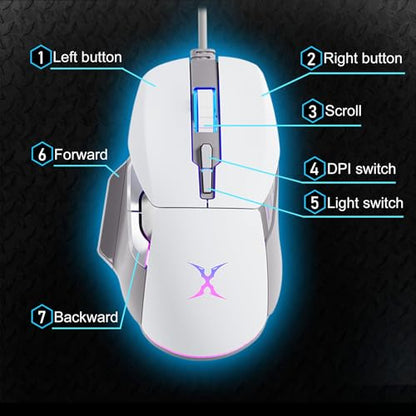 FOXXRAY BM-88 RGB Gaming Mouse, 7200 DPI, Musicsync Backlit, Wired Optical Mouse with 7 Programmable Buttons, 13 Lighting Effects, Braided Cable, Gaming Mouse for PC/Laptop - White