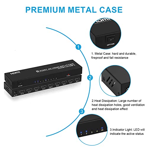 TCNEWCL 4K HDMI Splitter 1 in 8 Out, 4K@30Hz 1080P 8 Port Powered HDMI Splitter for Monitor, TV, Project - size: HDMI 1x8