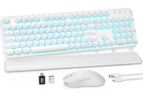 Wireless Keyboard and Mouse Combo, Backlit Round Keycaps, Retro Typewriter Keyboard with Detachable Wrist Rest, Rechargeable & Tilt Legs, 2.4GHz Cordless Connection for Windows/PC (Glowing White) - color: Glowing White