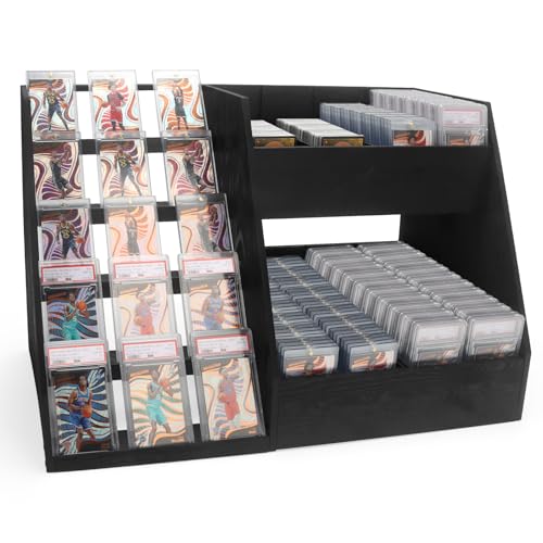 5-Tier Trading Card Display,Large Capacity Card Display Stand with 8-Row Storage & 8 Stoppers + Dividers,Wooden Graded Card Display Holds 200+ PSA BGS SGC Slabs for Sports Card and Game Card Collection - size: 25.7*10.6*16.2in