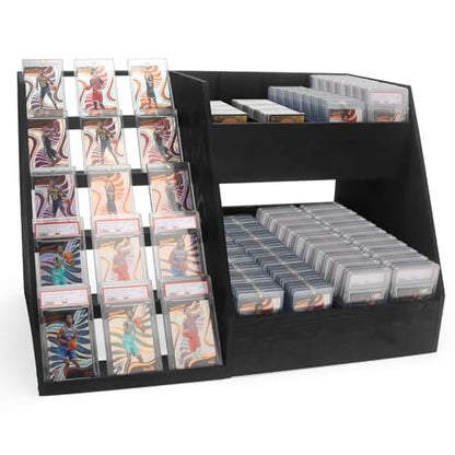 5-Tier Trading Card Display,Large Capacity Card Display Stand with 8-Row Storage & 8 Stoppers + Dividers,Wooden Graded Card Display Holds 200+ PSA BGS SGC Slabs for Sports Card and Game Card Collection - size: 25.7*10.6*16.2in