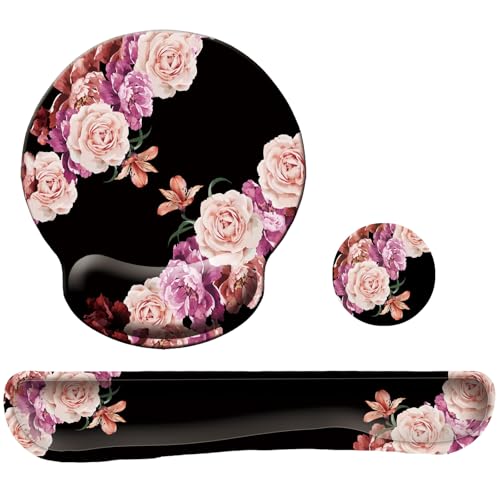 Keyboard Wrist Rest Pad Mouse Pad with Wrist Support Set of 3, Mousepad with Non-Slip Rubber Base, Ergonomic Memory Foam Mouse Wrist Cushion Support for Home Office Laptop Computer Gaming, Flowers - color: Flowers Pink