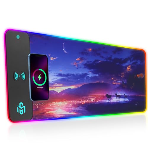 Mouse Pad Gaming Wireless Charging, 800x300x4mm Extended Desk Mat with 10 RGB Light Modes, Non-Slip Rubber Base, Waterproof Computer Keyboard Mat for Gamer, PC, Laptop, Office, Twilight Blue-Purple - color: Twilight Blue-Purple