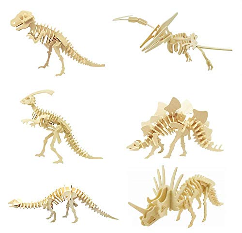 3D Wooden Dinosaur Puzzle - 6 Piece Set Wood Dinosaur Skeleton Model Puzzle - DIY Wooden Crafts 3D Puzzle - STEM Brain Teaser Puzzle Gifts - style: Dinosaur 6 model