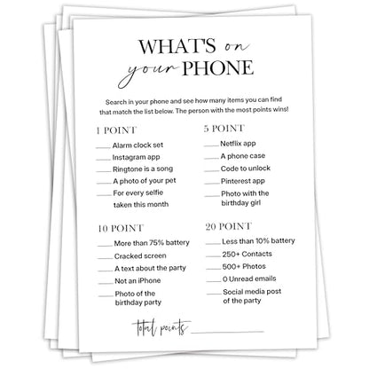 Birthday Party Game for Adults – “What’s on Your Phone?” Paper Game Cards, 25 Icebreaker Sheets for Adult Birthday Celebrations & Social Parties - A07 - color: What's on Your Phone