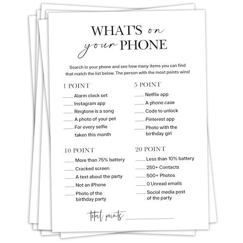 Birthday Party Game for Adults – “What’s on Your Phone?” Paper Game Cards, 25 Icebreaker Sheets for Adult Birthday Celebrations & Social Parties - A07 - color: What's on Your Phone