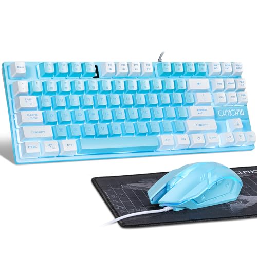 CHONCHOW Blue Keyboard and Mouse Combo, 87 Keys TKL USB Wired LED Light Up Backlit Keyboard, 800-3200 DPI RGB Mouse, Blue Mouse and Keyboard Combo for PS4 PS5 PC Laptop Mac Computers