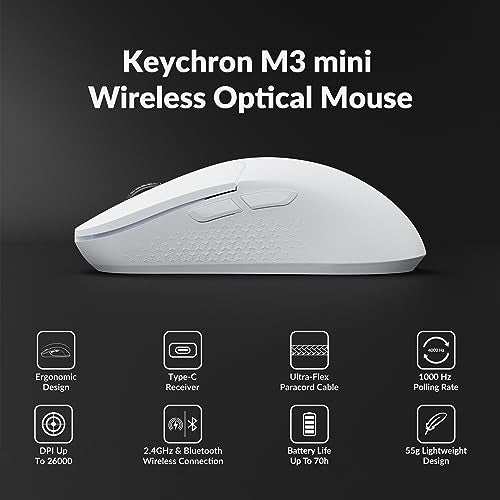 Keychron M3 Mini Wireless Optical Mouse, Bluetooth 5.1/2.4 GHz/Wired Gaming Mouse, Programmable PixArt 3395 Sensor with up to 26,000 DPI/ 650 IPS, Lightweight Ergonomic for Windows Mac Linux - White - color: White, style: PixArt 3395 (1K Polling Rate)