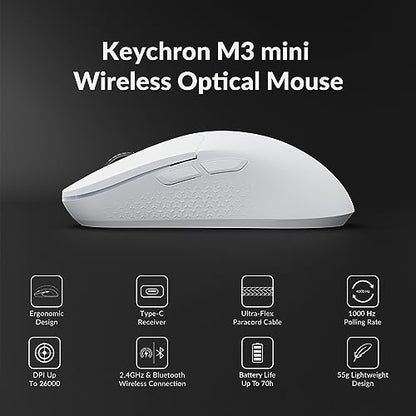 Keychron M3 Mini Wireless Optical Mouse, Bluetooth 5.1/2.4 GHz/Wired Gaming Mouse, Programmable PixArt 3395 Sensor with up to 26,000 DPI/ 650 IPS, Lightweight Ergonomic for Windows Mac Linux - White - color: White, style: PixArt 3395 (1K Polling Rate)