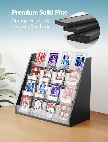 NiHome Trading Card Display Stand, 4-Tier Wood Acrylic for Graded PSA Slabs | Stackable Space-Saving Organizer Holds Up to 20 Toploaders or 16 Cases with Protective Clear Dividers