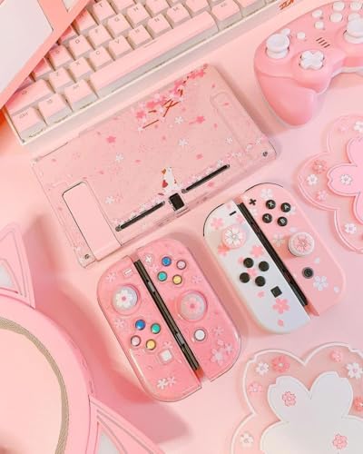 ECHZOVE Cute Glitter Switch Case with Cherry Blossom Flowers – Clear Dockable Protective Cover with Screen Protector & Thumb Grips, Aesthetic Pink Gaming Accessories Gift for Girls - color: Flower