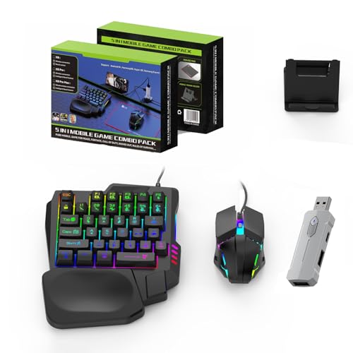 Zunate Half Hand Gaming Keyboard and Combo, Half Hand Gaming Keyboard Set, 4 in 1 Mobile Gaming Keyboard Set with Converter, Adjustable Phone Stand for PC