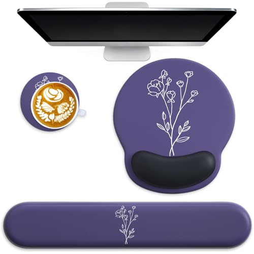 3 in 1 Ergonomic Mouse Pad and Keyboard Wrist Rest with Coaster Set-Purple | Cute Large Mousepad with Gel Wrist Support for Gaming Computer Laptop Women Office Home Desk Decor - color: C6-Imperial Purple with Flower