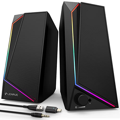 LENRUE Computer Speakers, USB/USB-C Powered AUX Audio for PC Speakers with Loud Stereo Sound, Headphone-in, Touch Lights for Desktop, Computer, Laptop, Desk（USB-C to USB Adapter Included - color: Black