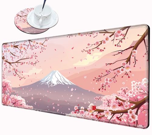 Gaming Mouse Pad Large Mousepad Cherry Blossom Desk Mat XXL Big Desk Pad 31.5x15.75 Rubber Base Pink Sakura Computer Pad with Stitched Edges Mouse Mat for Work Home Office - color: Pink Sakura, size: 31.5''x15.75''