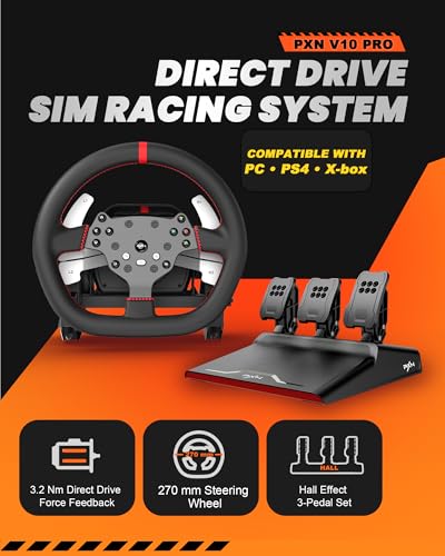 PXN V10 PRO Direct Drive Sim Racing Wheel and Pedals for PC, Xbox, PS4 | 3.2Nm Direct Drive Force Feedback, 10.6-Inch Detachable D-Shape Wheel, 4 Paddle Shifters, Hall-Effect Pedals, 17 Buttons