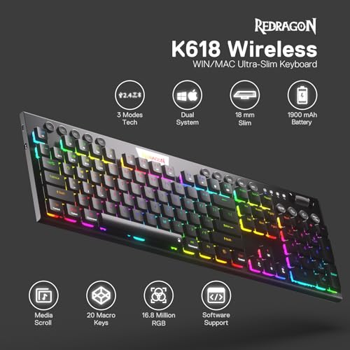Redragon K618 PRO Wireless Ultra-Thin Gaming Keyboard, Macro & Media Scroll | 0-Delay Tri-Mode, 5 On-Board Keybinding G Buttons for MMO MOBA Games, Dedicated Media Control, Easy-Switch Win/Mac Compatible - color: Blue Switch, size: K618 Wireless