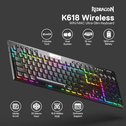 Redragon K618 PRO Wireless Ultra-Thin Gaming Keyboard, Macro & Media Scroll | 0-Delay Tri-Mode, 5 On-Board Keybinding G Buttons for MMO MOBA Games, Dedicated Media Control, Easy-Switch Win/Mac Compatible - color: Blue Switch, size: K618 Wireless