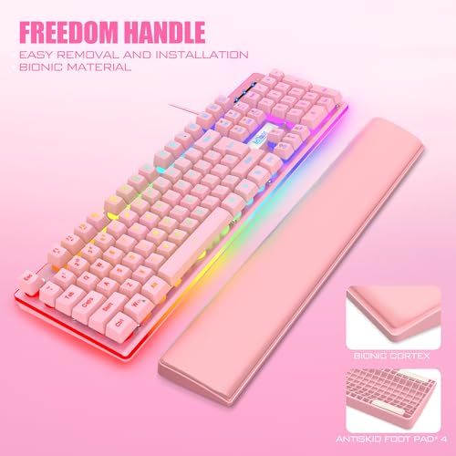 RedThunder K10 Wired Gaming Keyboard and Mouse and Wrist Rest Combo, RGB Backlit, Mechanical Feel Anti-ghosting Keyboard + 7D 7200 DPI Mice+Soft Leather Wrist Rest 3 in 1 PC Gamer Accessories(Pink) - color: Pink
