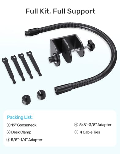 19" Webcam Stand Mount for Desk, Flexible Gooseneck Arm Cam Holder & Large Table Clamp for Logitech BRIO 4K C920 C920s C922 C922x C925e C930 C930e C960 C615 NexiGo N60, Light with 1/4" Thread