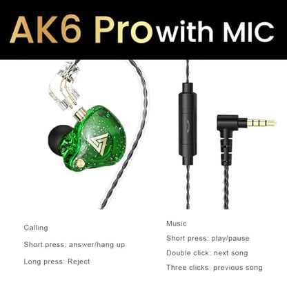 Wired Gaming Earbuds,QKZ AK6 PRO in Ear Monitors, Deep Bass Sound Wired Earbuds, HiFi in Ear Headphones with New 1DD 10mm Dynamic Driver, IEM for Music Gaming Video Calling (Green) - color: Green