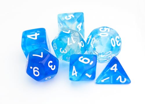 Blue DND 주사위 7개 세트 (클리어 블루-화이트) | D&D, 던전 앤 드래곤, CoC, MTG, TTRPGs 게임 액세서리용 투명 다면체 주사위 세트 - D20 시스템 게임 - color: 투명 블루 & 화이트