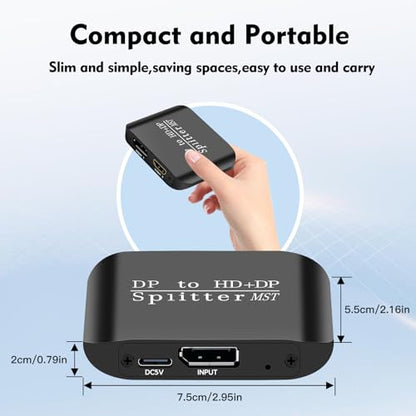 ACHAVE DisplayPort to HDMI and DisplayPort Splitter, 4K MST Hub, Black Metal, 1 Input 2 Output Adapter, Video Signal Converter for PC and 2 Monitors (MacOS Only Supports SST Mode)