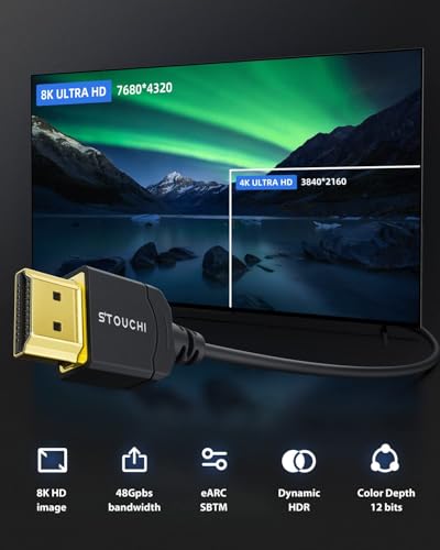 Stouchi Ultra Thin HDMI Cable |Certified 48Gbps|8K Ultra High Speed HDMI® | 6.6FT/2 Packs 8K@60Hz 4K@120Hz, eARC, HDR, Dolby Atmos/Vision Compatible with PS5/Xbox/Roku TV/Gaming Monitors - size: 6.6ft