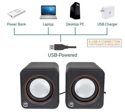 Manhattan USB Powered Stereo Speaker System - Small Size - with Volume Control & 3.5 mm Aux Audio Plug to Connect to Laptop, Notebook, Desktop, Computer - 3 Yr Mfg Warranty - Black Orange, 161435 | Powered desktop sound pair with analog input, 90 Hz-20 kH