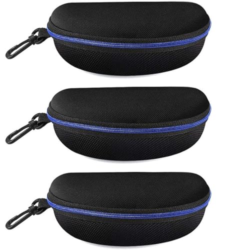 3 Pack Zipper Shell Eyeglasses and Sunglasses Case with Plastic Carabiner Hook - color: Blue