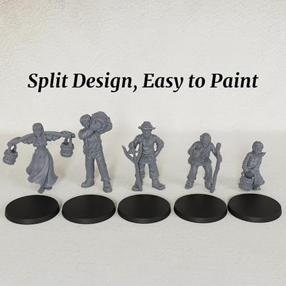 Fantasy TTRPG Village Life Scenery, 25mm Scale Unpainted Resin Civilian NPCs for Tabletop RPG Game, Townsfolk Commoner Miniatures 5pc Set - 1:64 Scale RPG Accessory, Villager NPC AS972