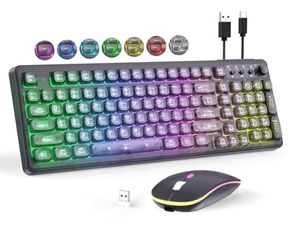 Wireless Keyboard and Mouse Combo Rechargeable, Light Up Transparent Backlit Keyboard with 15 LED Lighting Effects, Volume Knob, RGB Mouse, 2.4GHz Wireless for PC Laptop Desktop, Black - color: K04 Black